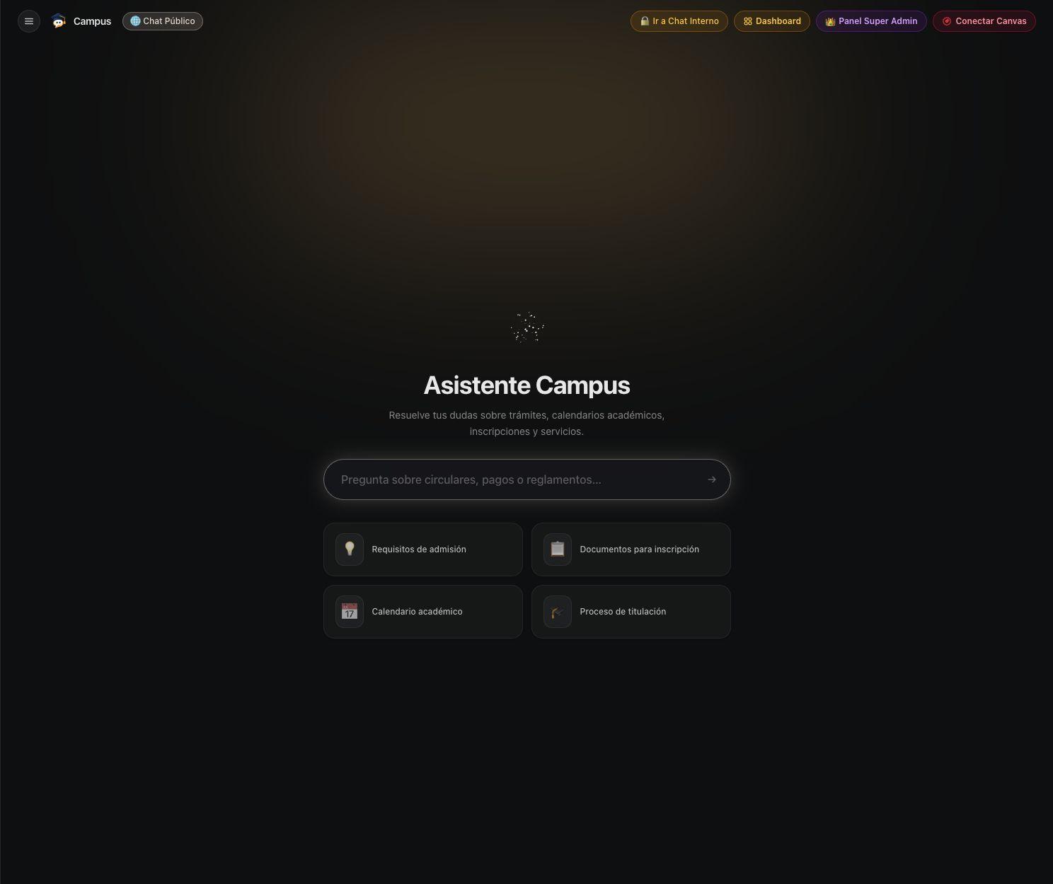 Pantalla inicial del asistente Campus con campo de consulta y preguntas sugeridas.