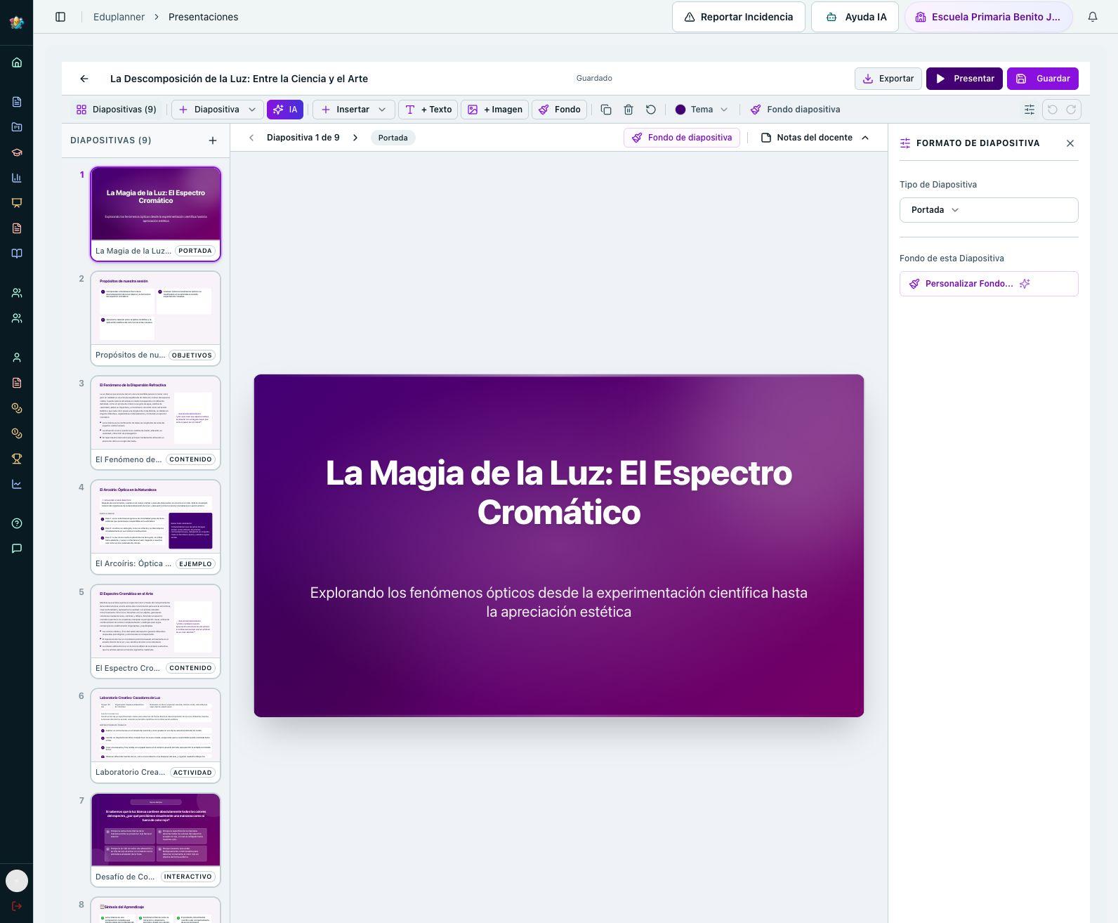 Editor de presentaciones de EduPlanner con miniaturas, diapositiva y opciones de formato.
